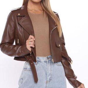 VIBES Faux Leather Moto Jacket - Mocha/Gold